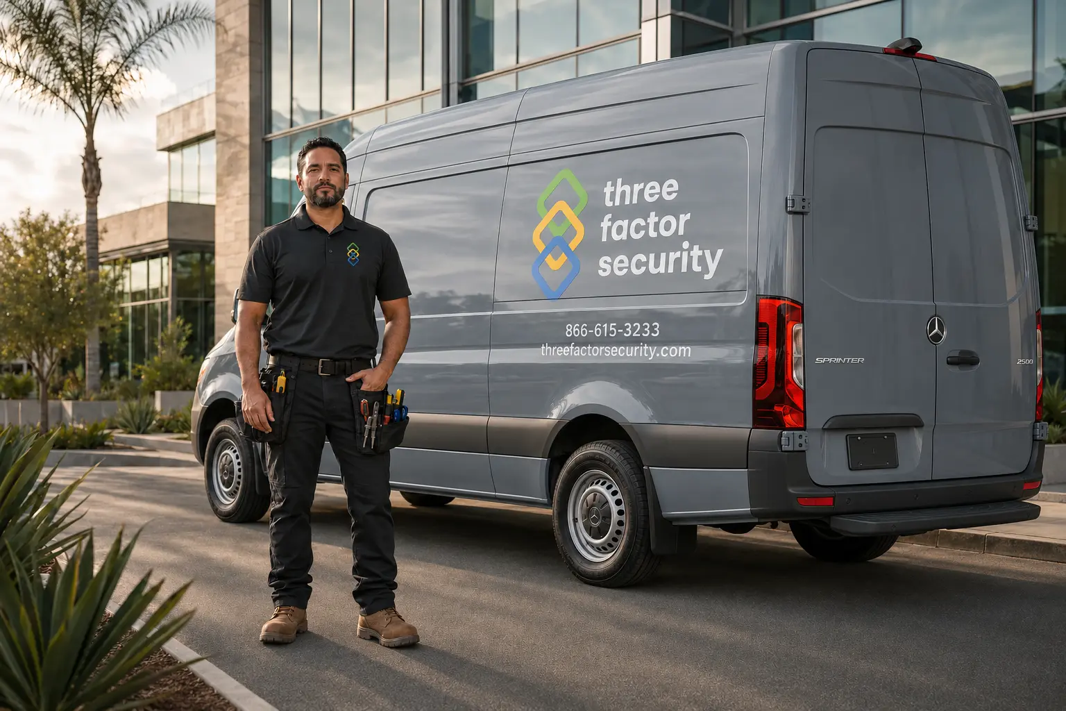 Three Factor Security technician standing beside a fully visible branded 2026 Mercedes-Benz Sprinter 2500 service van